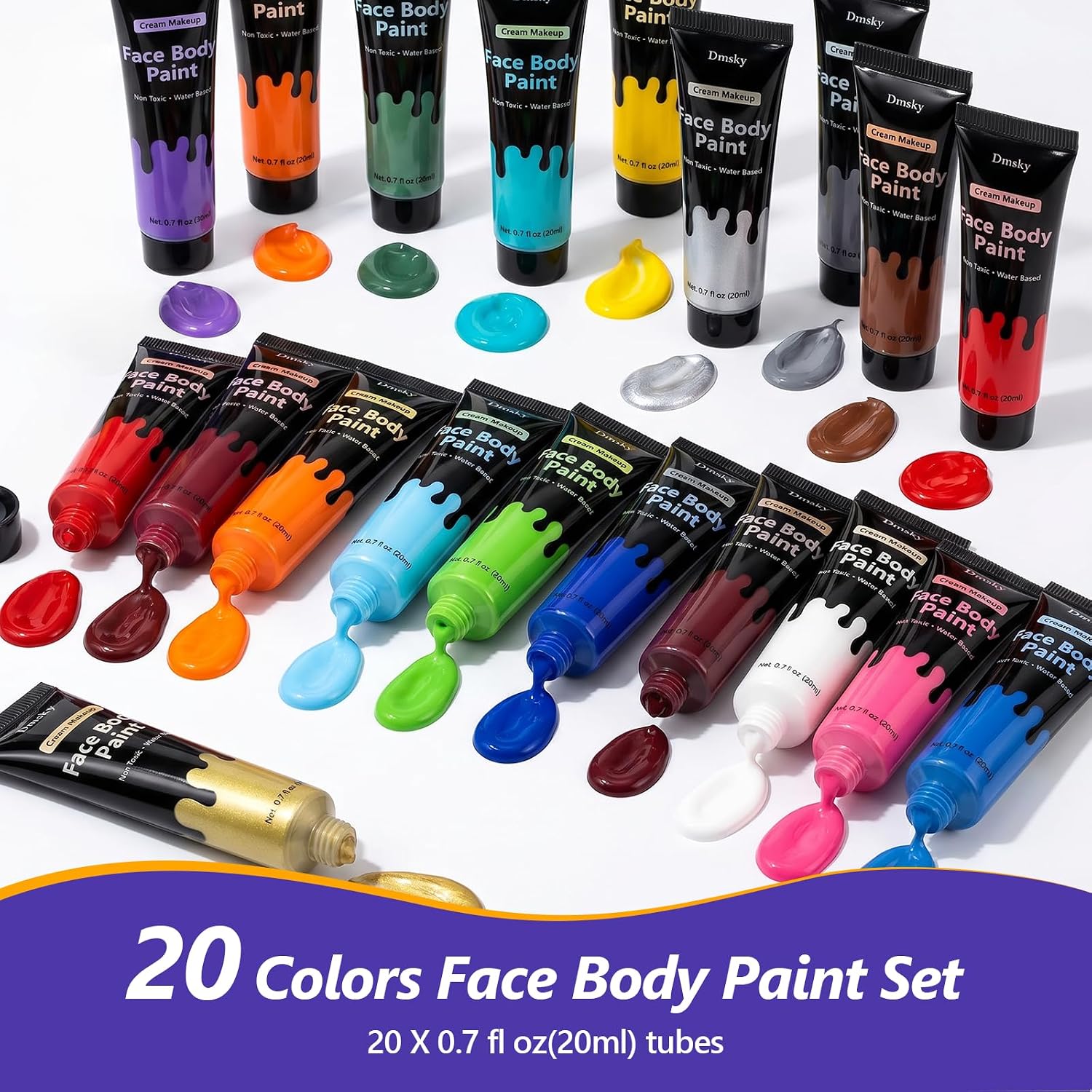 20 Colors Face Body Paint Cream Kit,High Pigment Body Paint For Adults And Kids,Non-Toxic Water Based Face Paint For Stage Cosplays,Halloween Sfx Makeup,0.7 Fl Oz Each