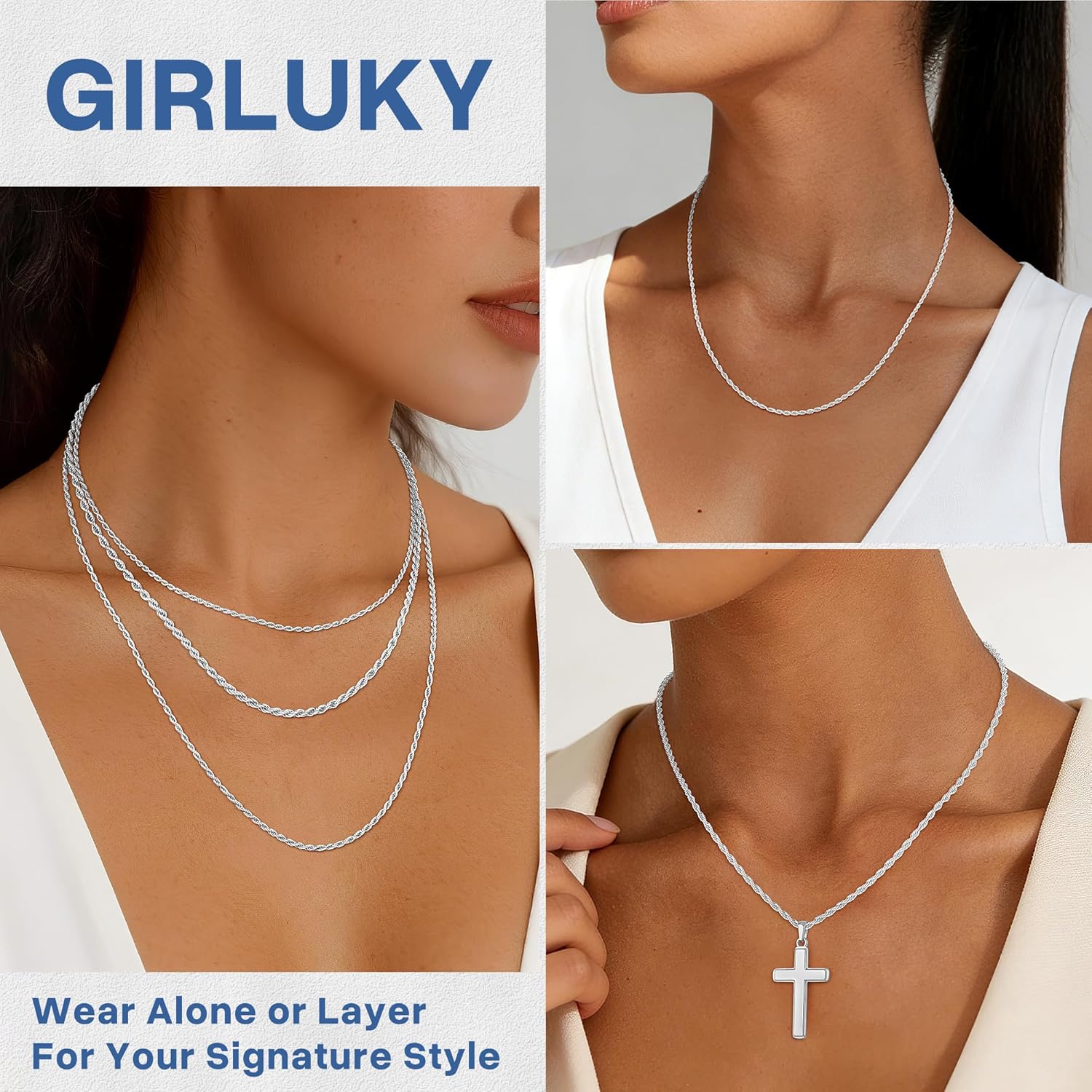 1.5mm 2mm Rope Chain 925 Sterling Silver Chain Necklace for Women, Sturdy Durable Women's Chains Necklace, 16 18 20 22 24 26 Inch