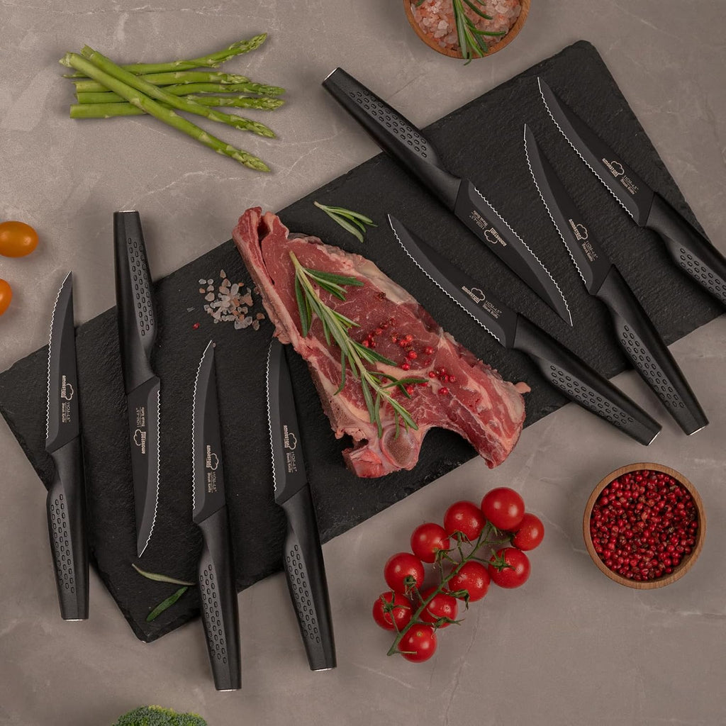 Amorston Steak Knives, Steak Knives Set of 8, Stainless Steel Steak Knife Set, Serrated Knives Dishwasher Safe, Elegant Black Mothers Day Gifts for Women