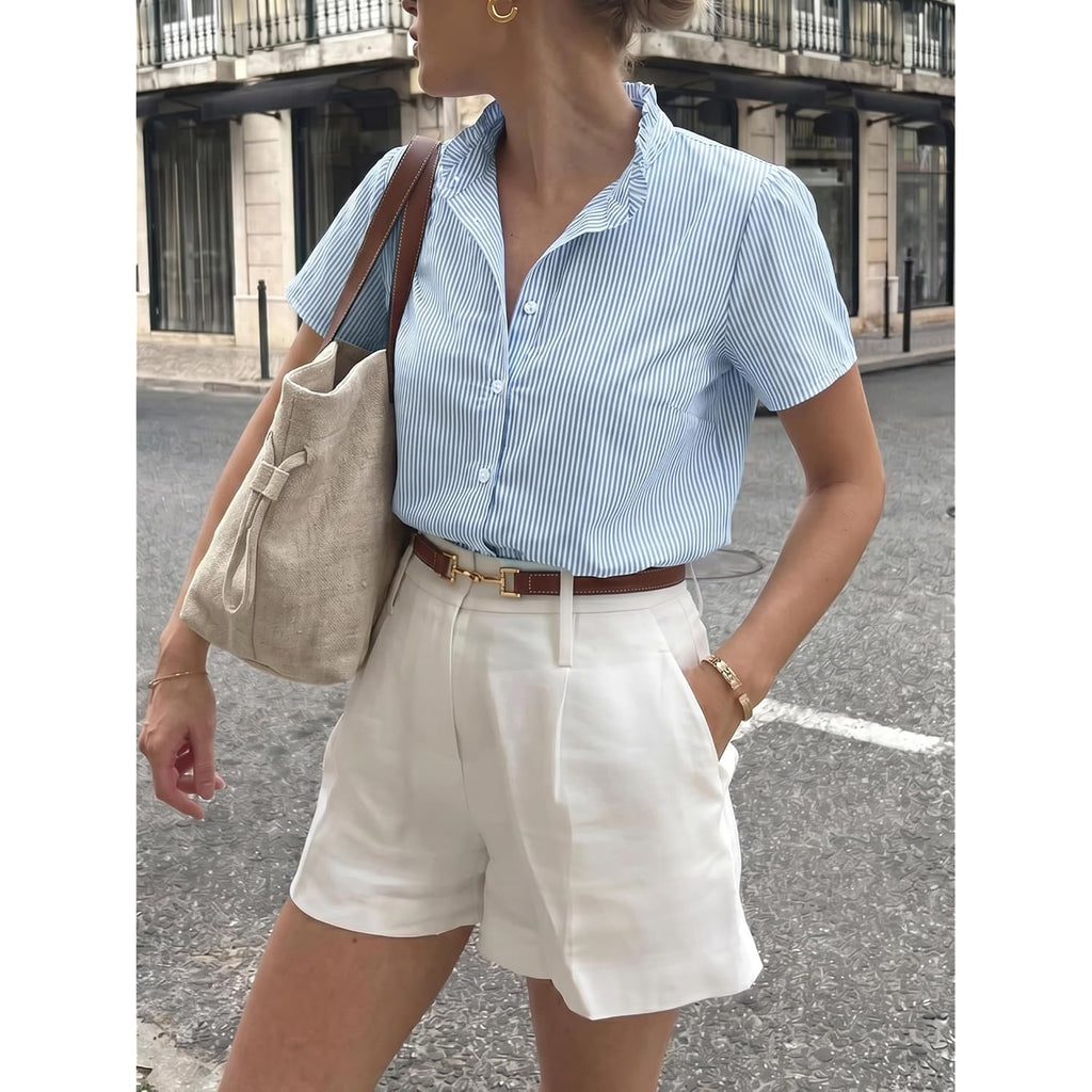 Funlingo Women'S Striped Button Down Shirts Summer Short Sleeve Tops Ruffle Collar Work Blouses Business Casual Outfits
