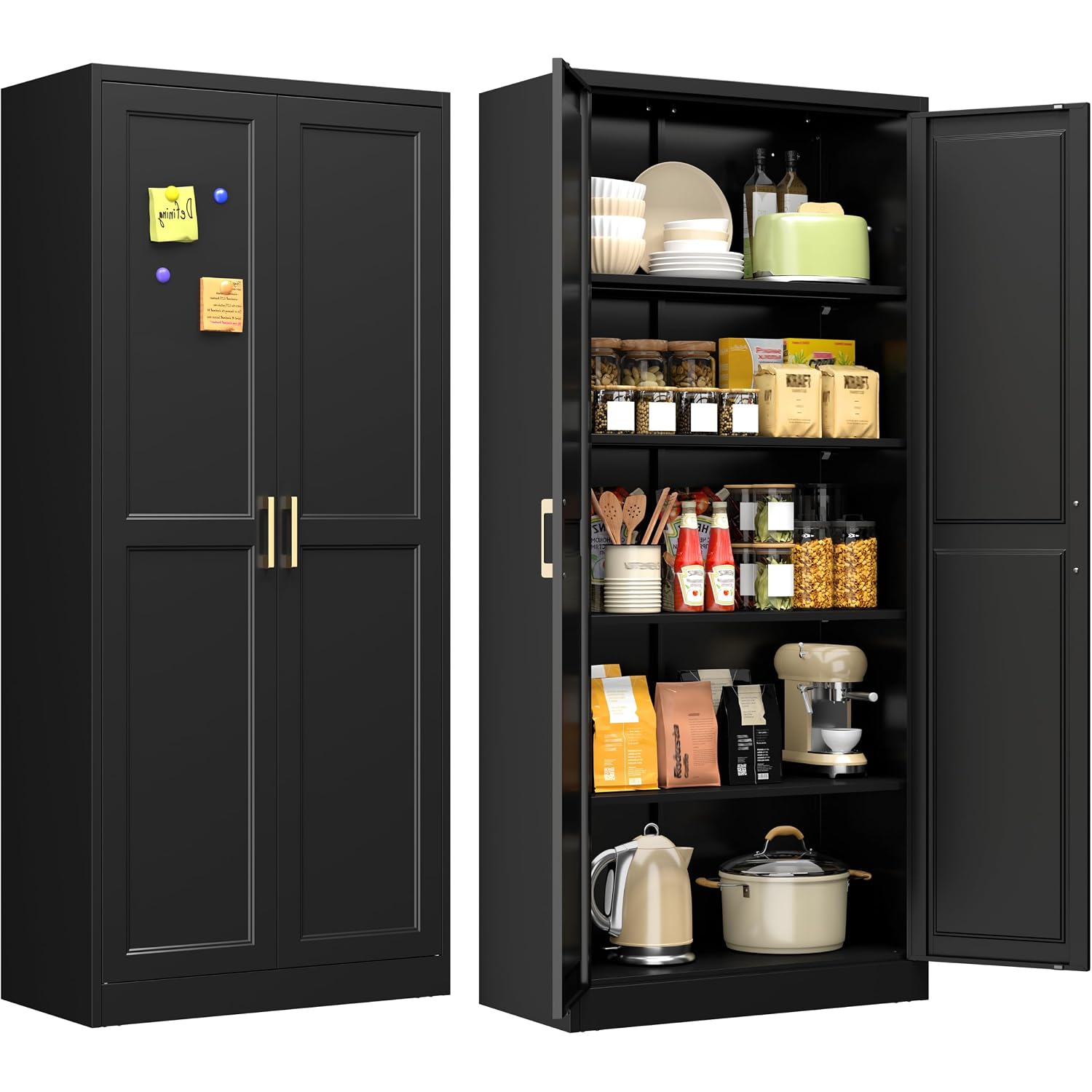 71" Metal Storage Cabinet With 4 Adjustable Shelves, Black Tall Pantry Cabinet With Doors, 180 Lbs Load Per Shelf, Heavy Duty Steel Organizer For Garage, Kitchen & Home