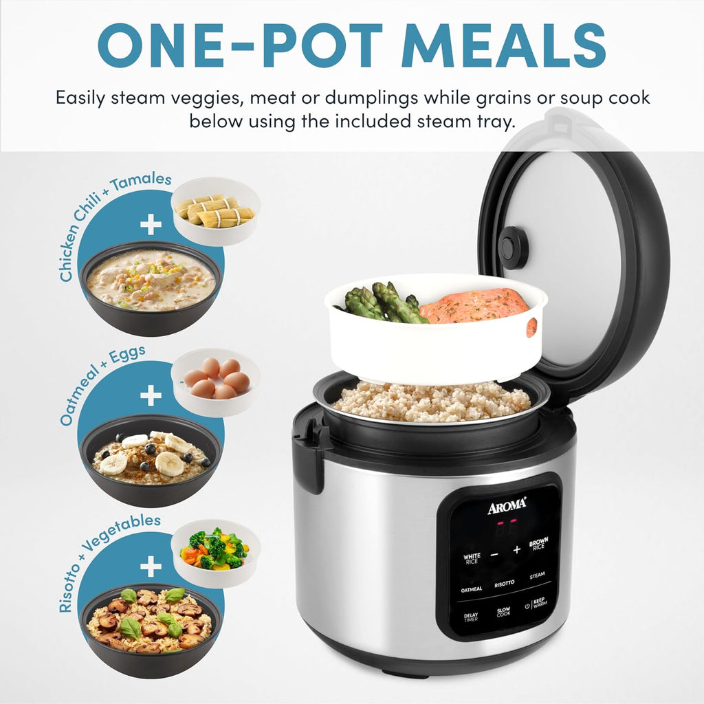 Aroma Digital Rice Cooker, 4-Cup (Uncooked) / 8-Cup (Cooked), 2 Qt, Steamer, Multicooker, Slow Cooker, Oatmeal Cooker, Auto Keep Warm, Stainless Steel Exterior