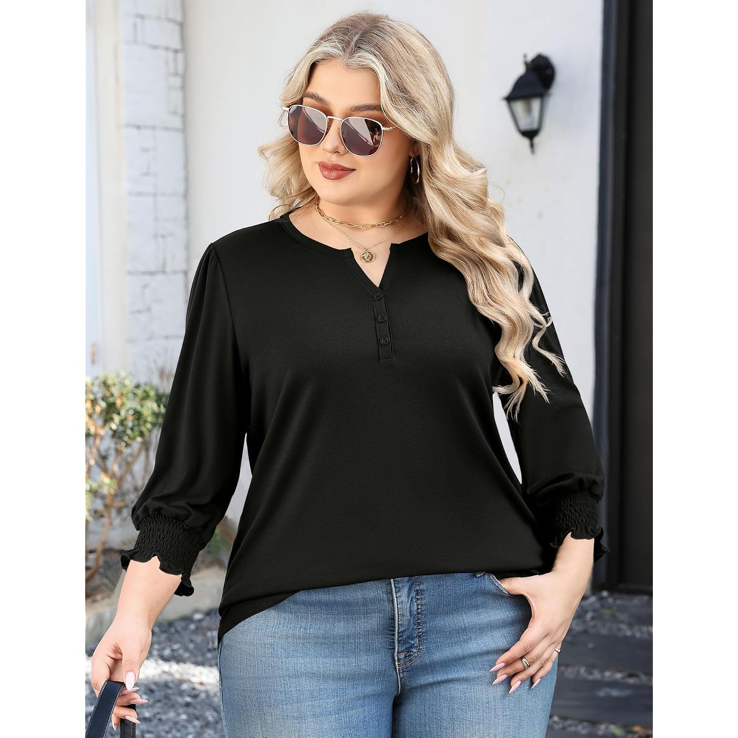 LOMON Womens Plus Size Tops 3/4 Sleeve Blouses Shirts Casual V Neck Loose Tunic Tops 1X-5X