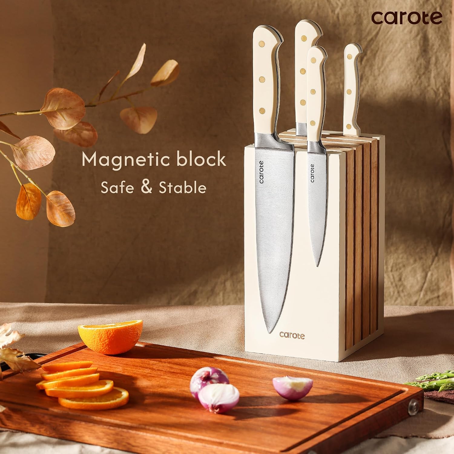 Carote 11 Pieces Knife Set With Block For Kitchen, Stainless Steel Razor-Sharp Blade, Triple Riveted Ergonomic Handle, Wooden Magnetic Block, Essential Knife Block Set, Beige
