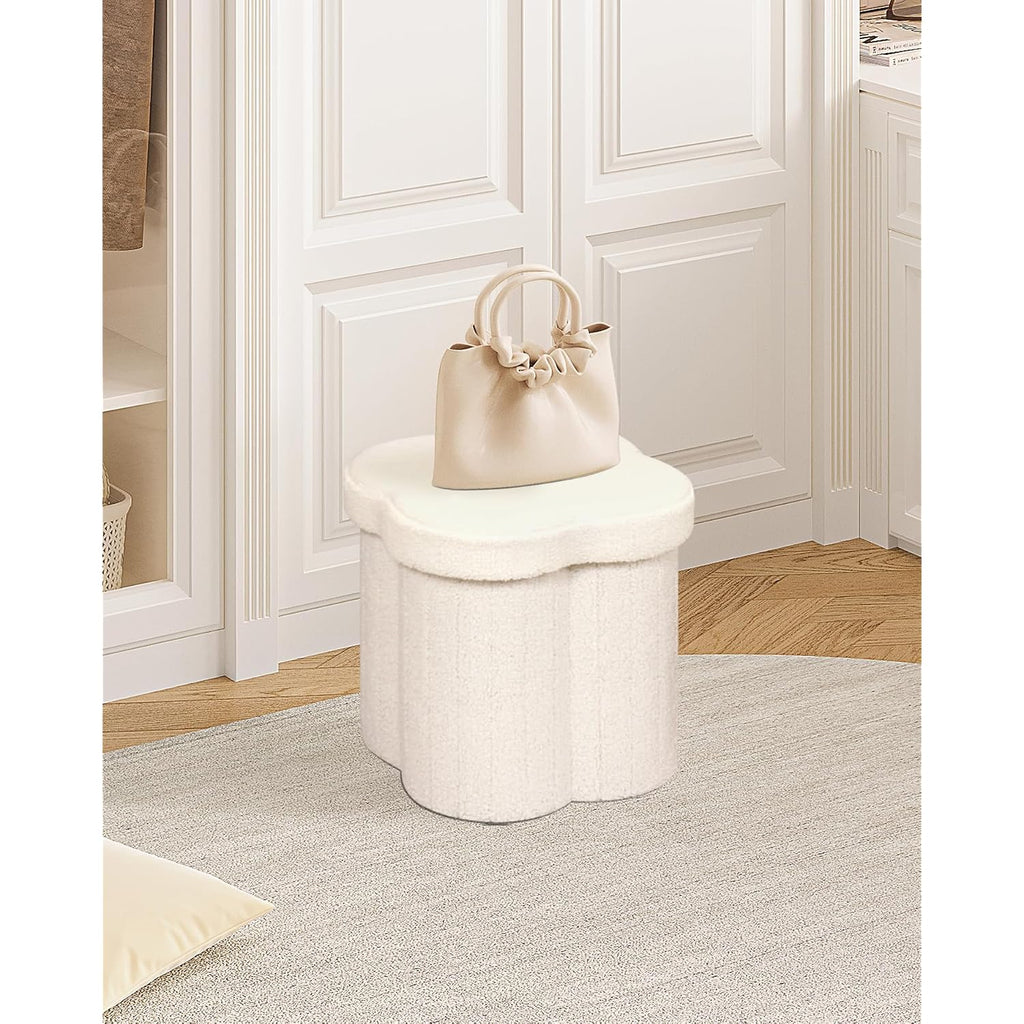 B Fsobeiialeo Storage Ottoman Cube, Flowers Shaped Ottomans With Storage Foot Stool Footrest For Lving Room, Boucle Ottoman Seat For Dorm Room,Faux Teddy Fur,White 12.6"X12.6"X12.6"
