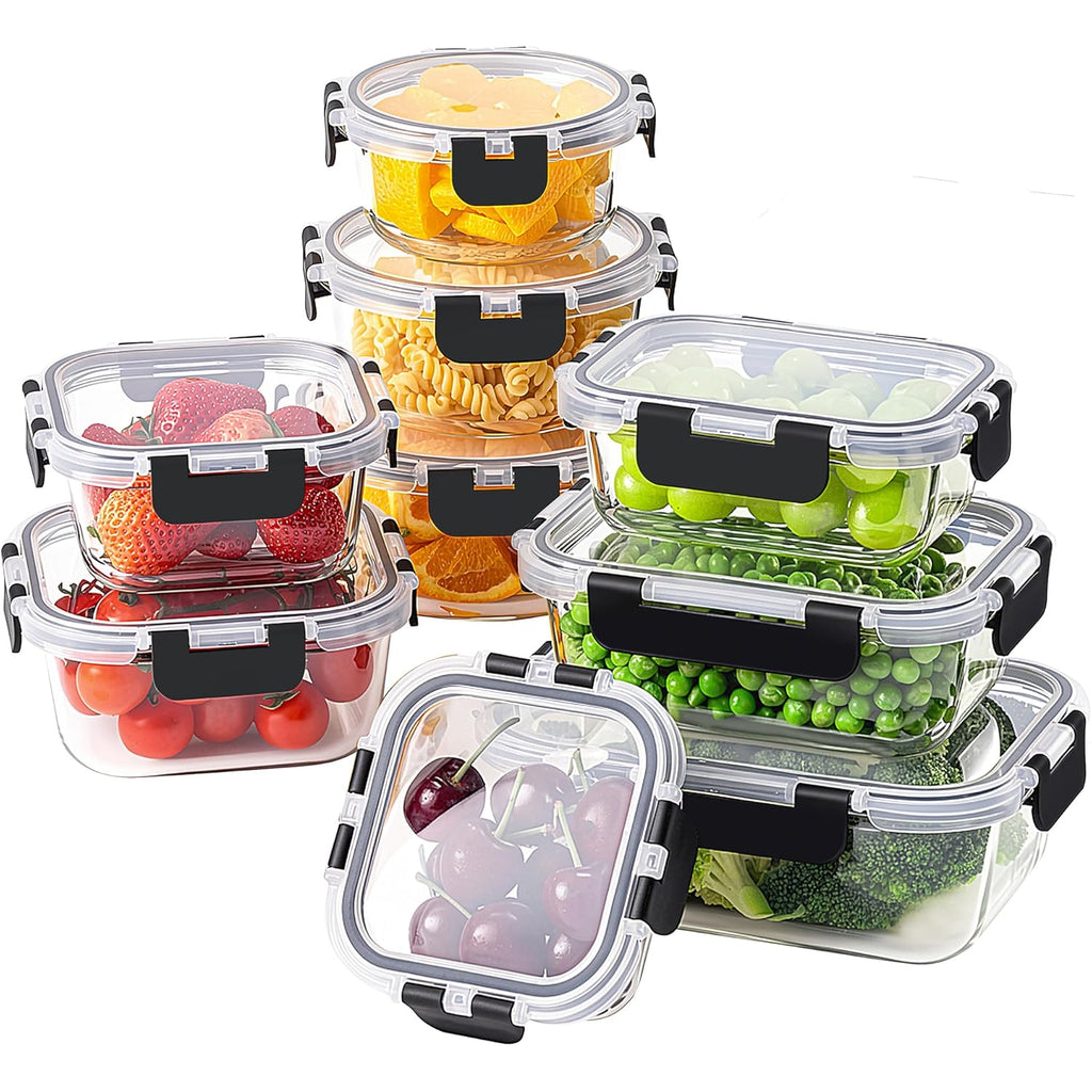 HOMBERKING 18 Piece Glass Food Storage Containers with Lids, Glass Meal Prep Containers, Airtight Lunch Bento Boxes, BPA-Free & Leak Proof, Oven, Freezer and Dishwasher Safe (9 lids & 9 Containers)