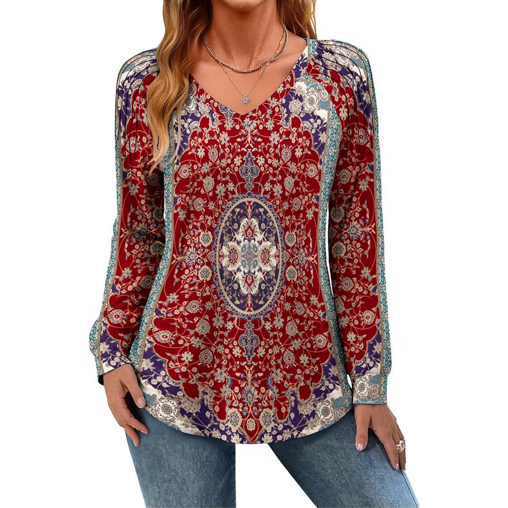 Zeagoo Womens Long Sleeve Tops V Neck Pleated Shirts Dressy Casual Blouses Fall Fashion Tunic Clothes 2026 T-Shirts