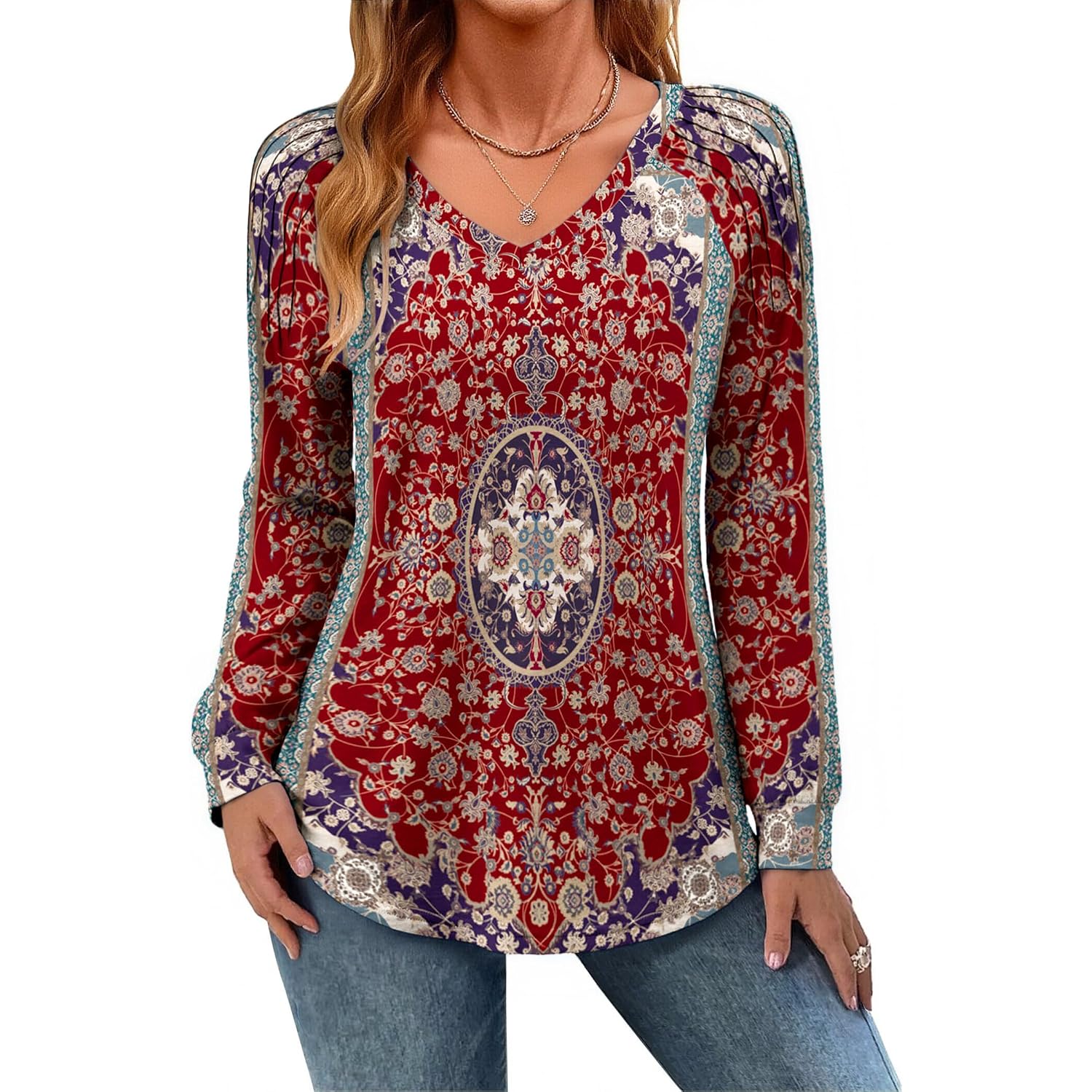 Zeagoo Womens Long Sleeve Tops V Neck Pleated Shirts Dressy Casual Blouses Fall Fashion Tunic Clothes 2026 T-Shirts