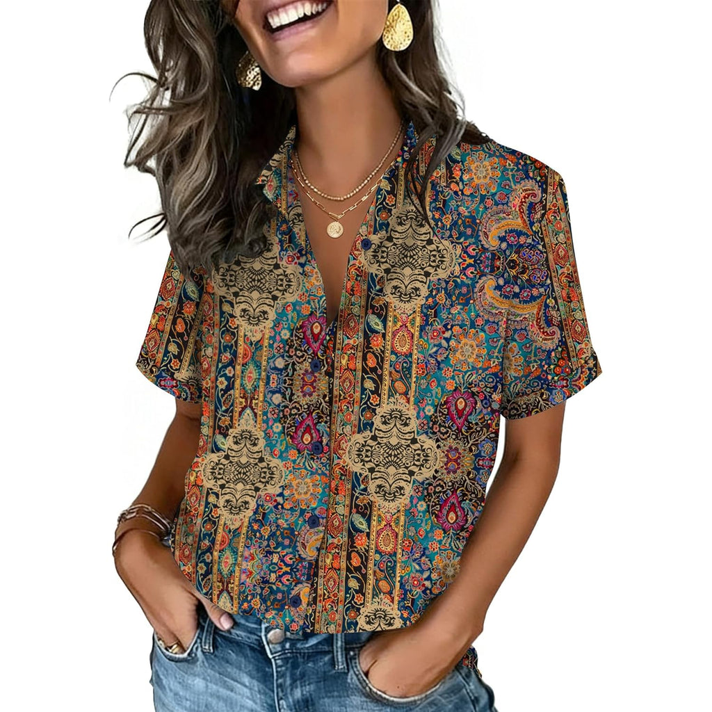 Button Down Shirts for Women Short Sleeve Collared Tops Dressy Casual V Neck Blouses