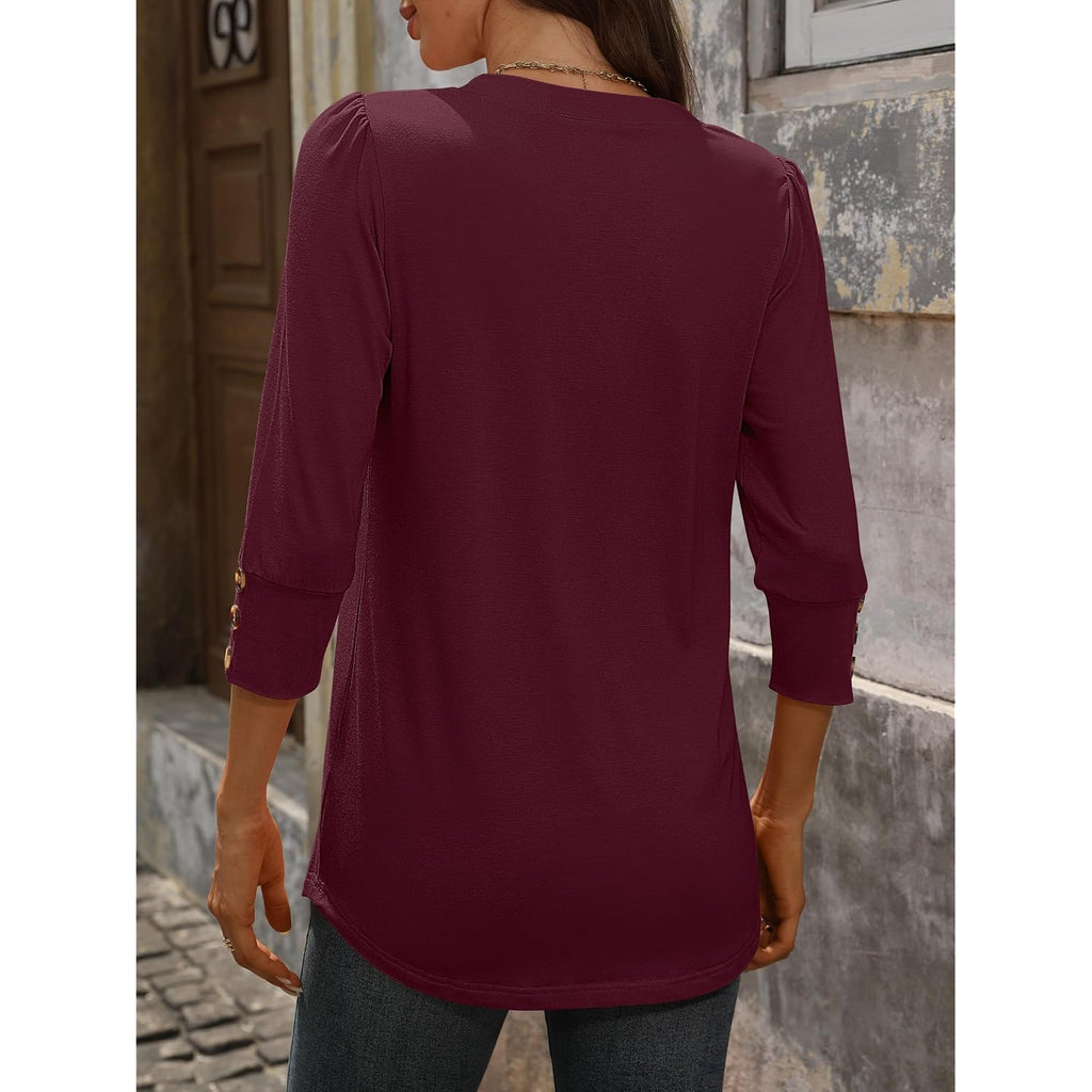 ANRABESS Womens Henley 3/4 Sleeve Tops, V Neck Comfy Fabric Shirts, Cozy for Work, Business, Trendy Versatile Casual Wear