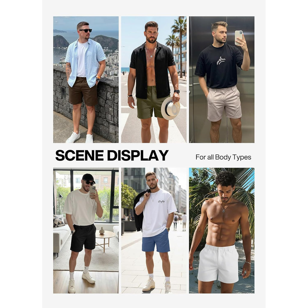 Rqp Men'S Cotton Casual Shorts Classic-Fit 5" Chino Shorts Elastic Waist Daily Wear Dress Shorts