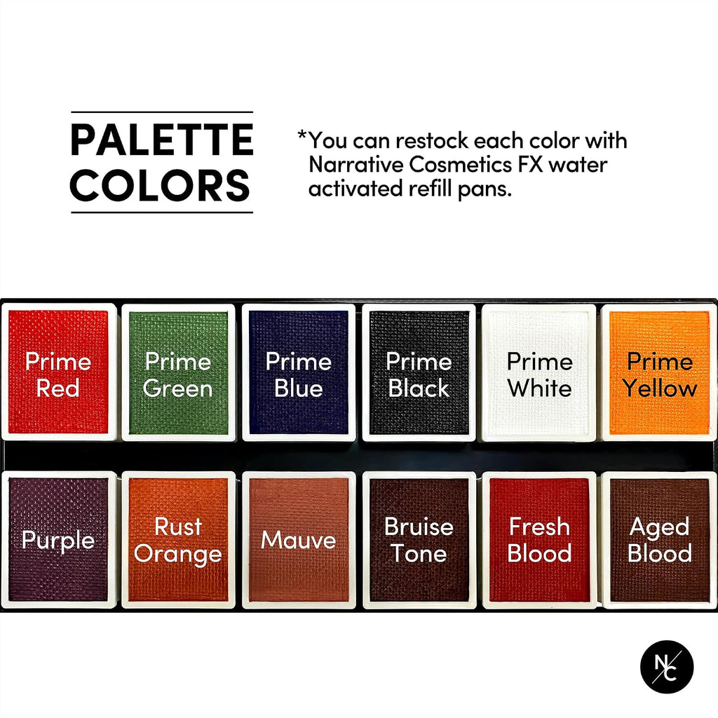 Narrative Cosmetics Fx 12-Color Palette - Water-Activated Face & Body Paint For Sfx, Theater, Cosplay - High-Pigment, Blendable Sfx Makeup, Easy-To-Use For Film & Tv