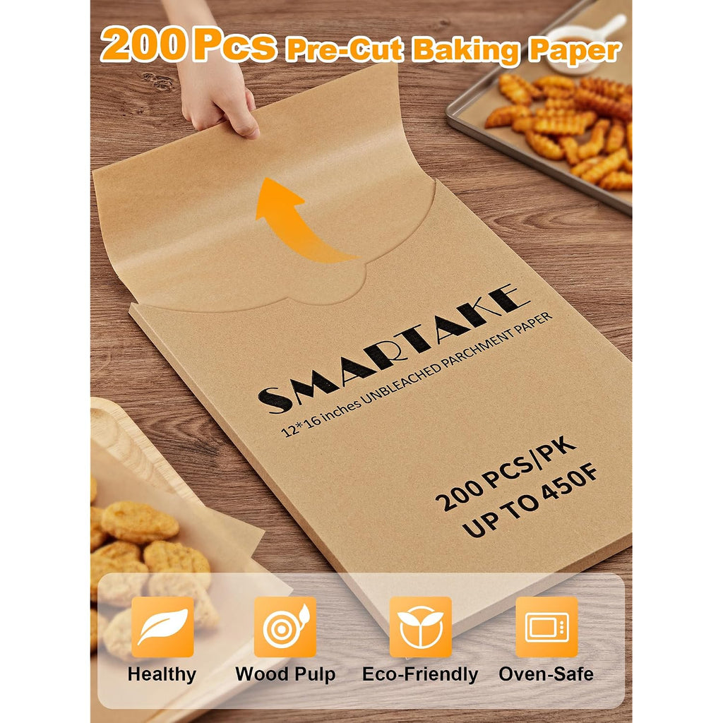 Smartake 200 Pcs Parchment Paper Baking Sheets, 12X16 Inches Non-Stick Precut Baking Parchment, For Baking Grilling Steaming Bread Cup Cake Cookie And More (Unbleached)