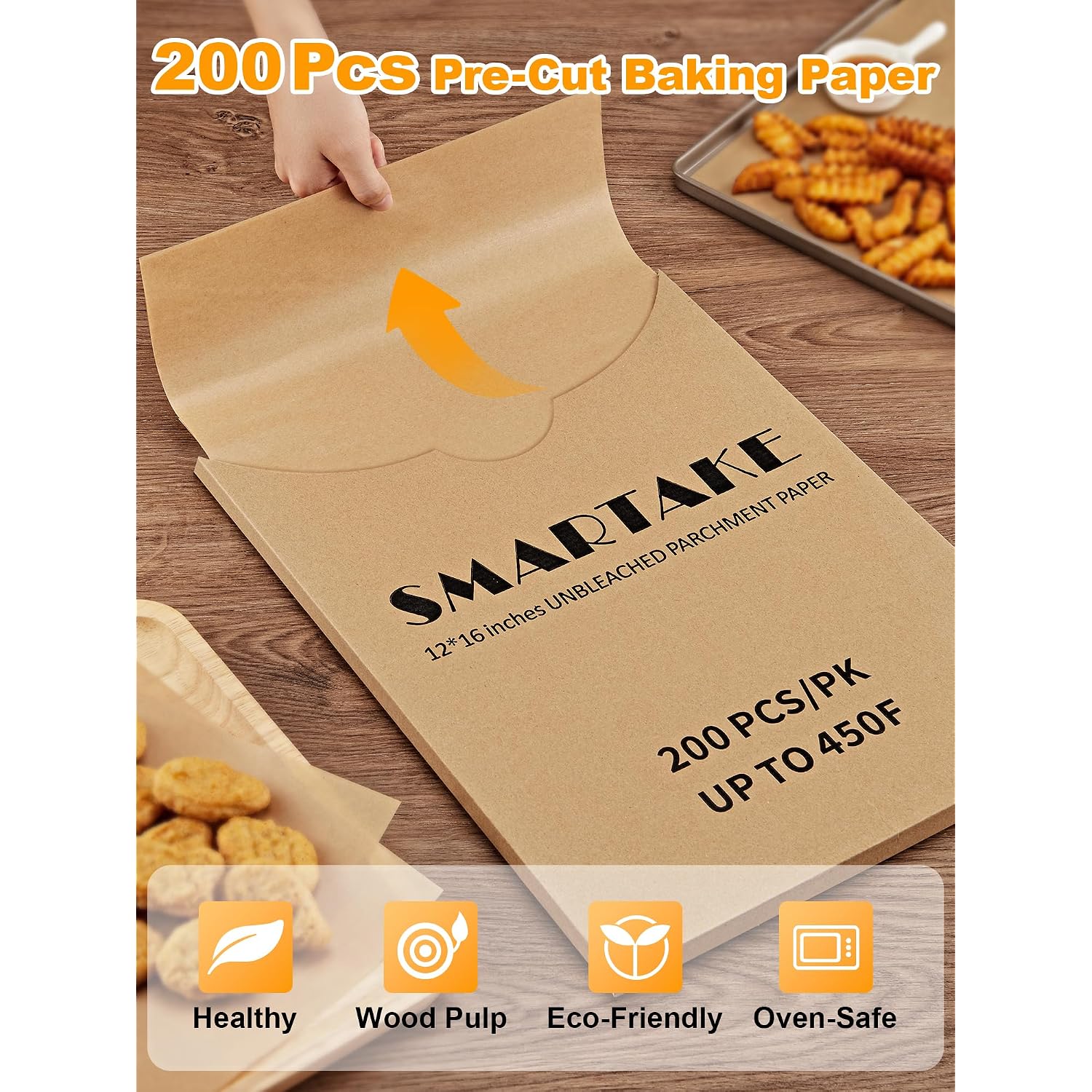 Smartake 200 Pcs Parchment Paper Baking Sheets, 12X16 Inches Non-Stick Precut Baking Parchment, For Baking Grilling Steaming Bread Cup Cake Cookie And More (Unbleached)
