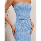 Zesica Womens 2026 Summer Floral Strapless Maxi Dress Bodycon Side Slit Mesh Formal Cocktail Party Wedding Guest Long Dresses