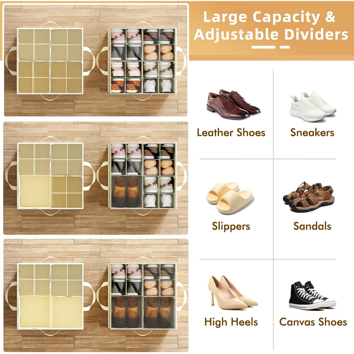 Plus Size 2 Pack Shoe Organizer For Closet, Foldable Shoe Storage Box | 16–24 Pair Shoe Storage For Sneakers, Boots & Heels With Adjustable Dividers, Clear Cover & Space Saving Closet Storage