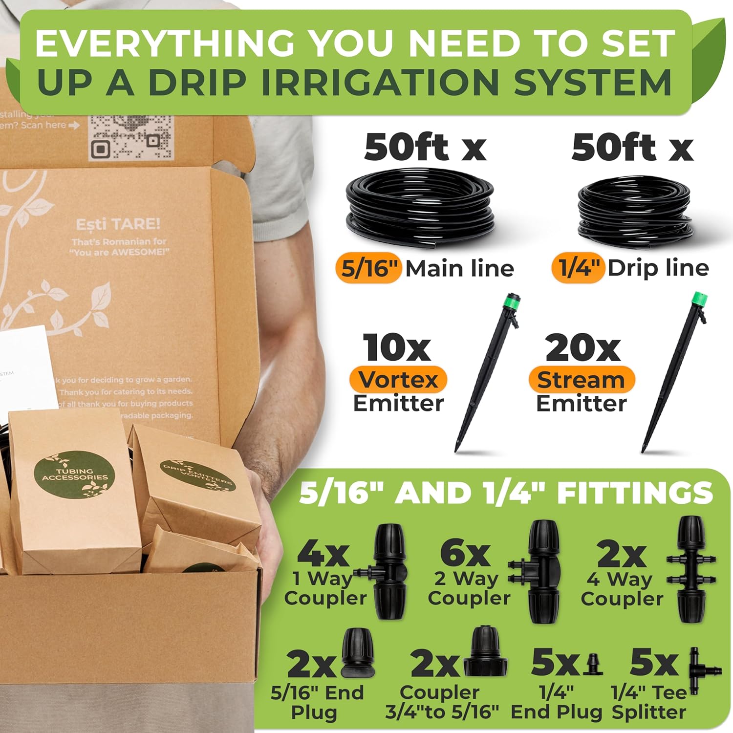 Drip Irrigation System Kit - Complete Premium Garden Watering System With Adjustable Sprinkler Emitters, 5/16" & 1/4" Tubing And Fittings - Drip Line For Raised Beds, Lawn, Pots, Greenhouse