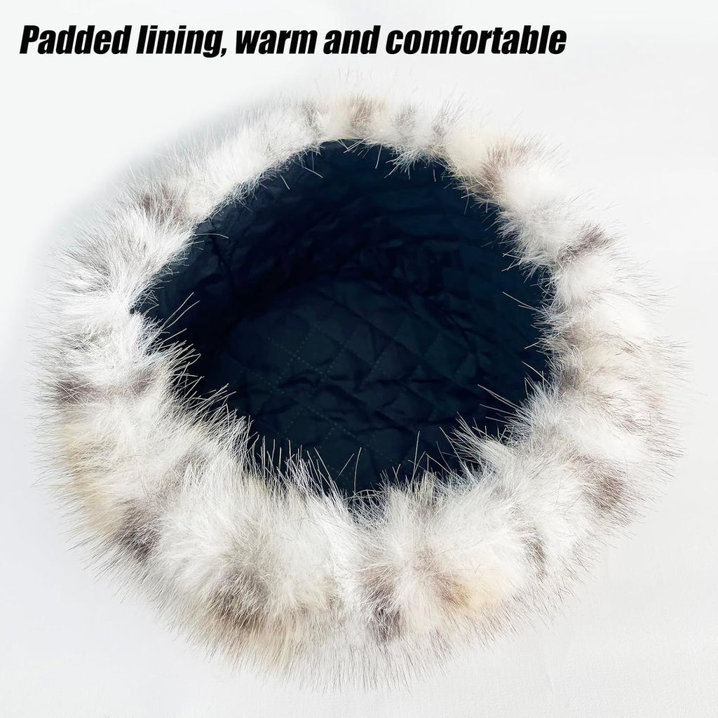 Women's Faux Fur Hat for Winter, Furry Cossack Russian Style Leopard Printed Warm Beanie Cap