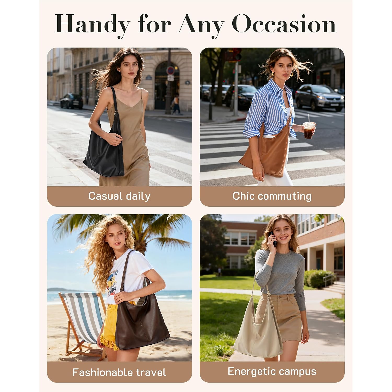 Missnine Hobo Bags Purses For Women, Soft Shoulder Bag Vegan Leather Tote Crossbody Purse Ladies Slouchy Handbag With Pouch
