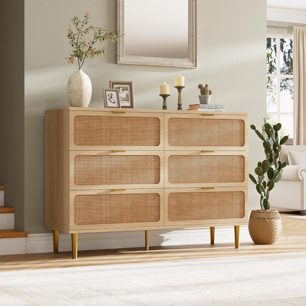Garveehome Rattan 6 Drawer Dresser For Bedroom, Large Double Dresser With Deep Drawers, Wooden Chest Of Drawers For Closet With Wide Top, For Living Room, Hallway, Kids Room, Natural