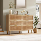Garveehome Rattan 6 Drawer Dresser For Bedroom, Large Double Dresser With Deep Drawers, Wooden Chest Of Drawers For Closet With Wide Top, For Living Room, Hallway, Kids Room, Natural