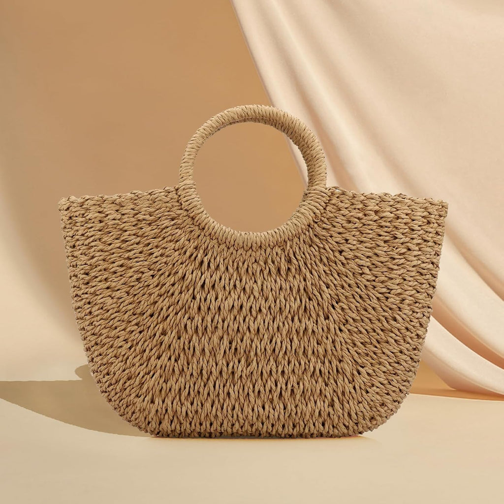 Women Summer Beach Bag, Straw Handbag Top Handle Big Capacity Travel Tote Purse Hand Woven Straw Large Hobo Bag