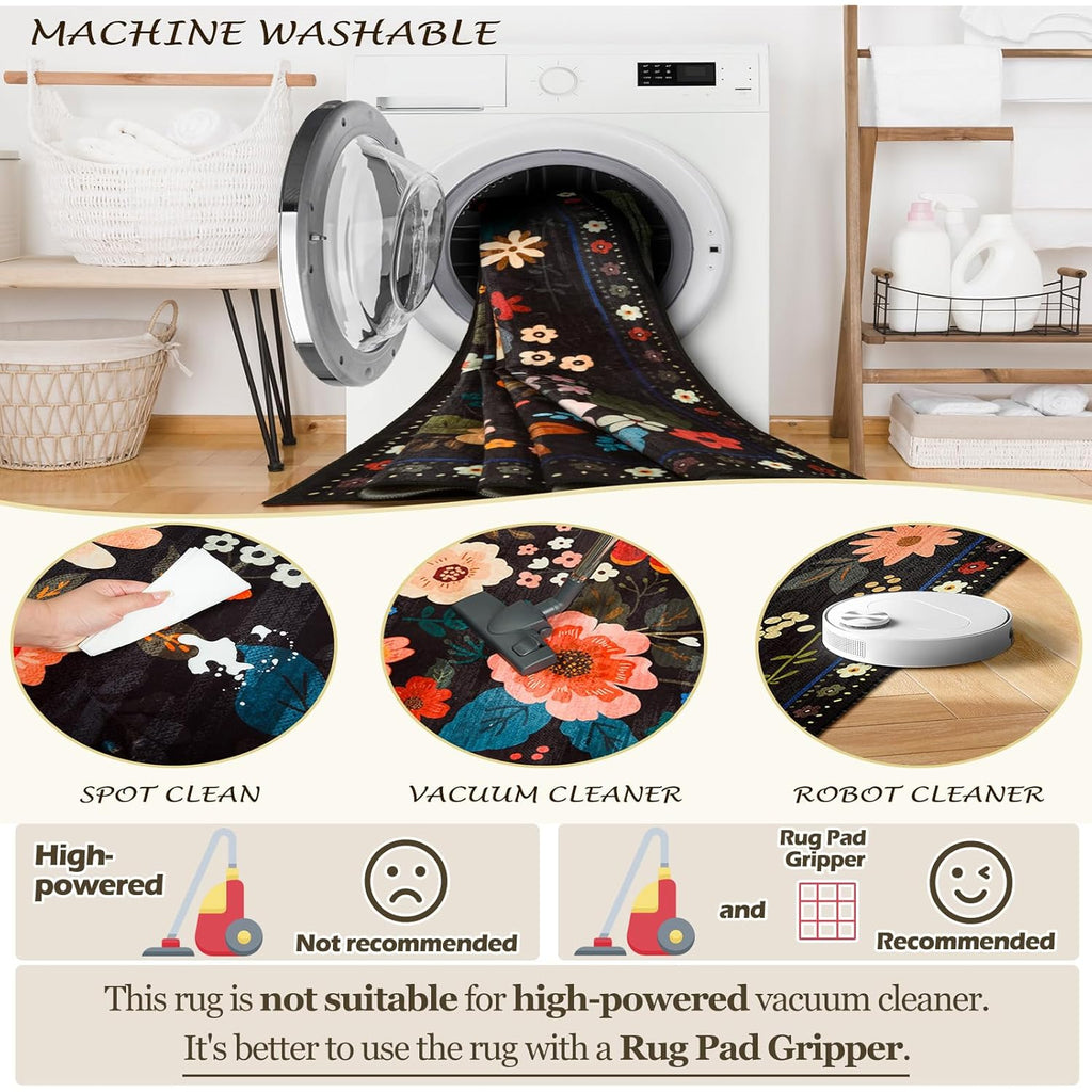 RELEANY Floral Nursery 5x7 Area Rugs Washable Print Boho Cute Carpet Non Slip Flower Low Pile for Living Room Kids Girls Playroom Bedroom Kitchen Office Farmhouse-Black