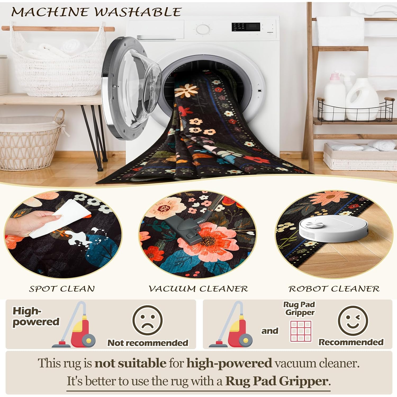 RELEANY Floral Nursery 5x7 Area Rugs Washable Print Boho Cute Carpet Non Slip Flower Low Pile for Living Room Kids Girls Playroom Bedroom Kitchen Office Farmhouse-Black