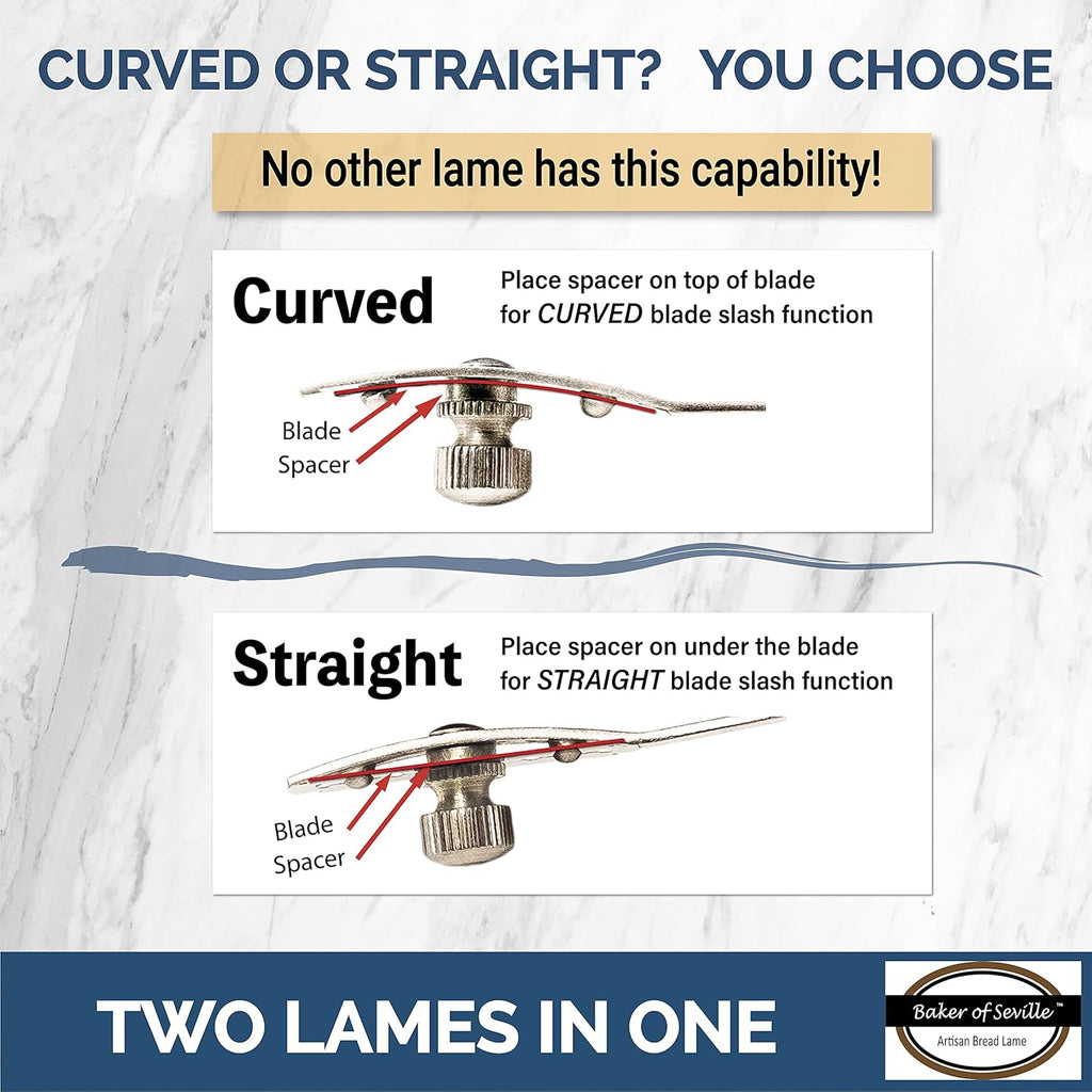 Baker of Seville Bread Lame – Now with 6 Included blades. Change from Straight or Curved Blade Lame in seconds with the Patented Design. Built for professional and serious bakers.