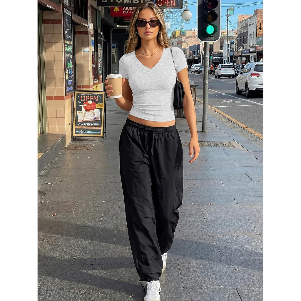 Trendy Queen Womens V Neck Short Sleeve Shirts Buttery Soft Crop Tops 2026