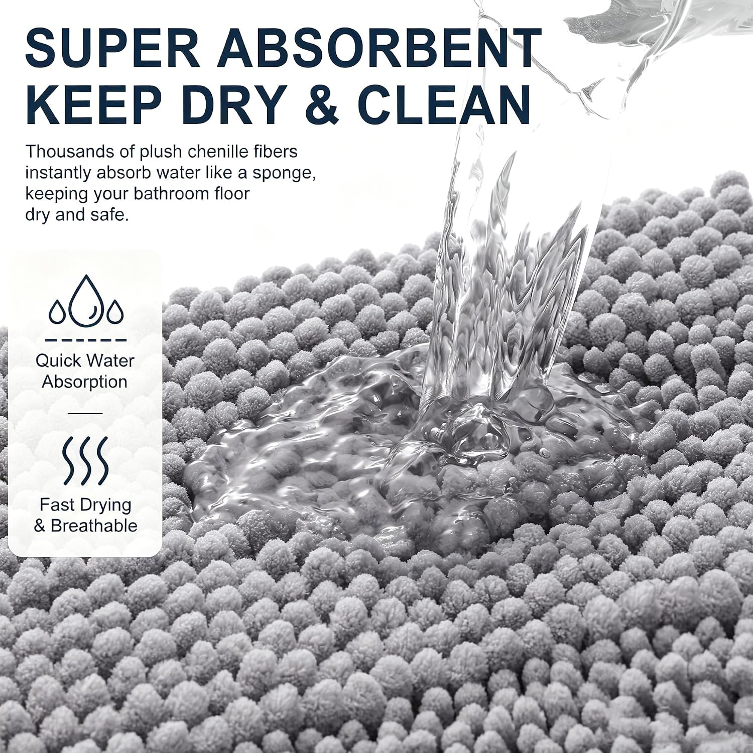 Smiry Thick Chenille Bathroom Rugs 30X20, Soft Absorbent Bath Mat, Grey | Quick‑Dry & Machine Washable, Non‑Slip Bath Carpet, Striped Bath Rugs For Tub & Shower, Modern Home Decor Accessories