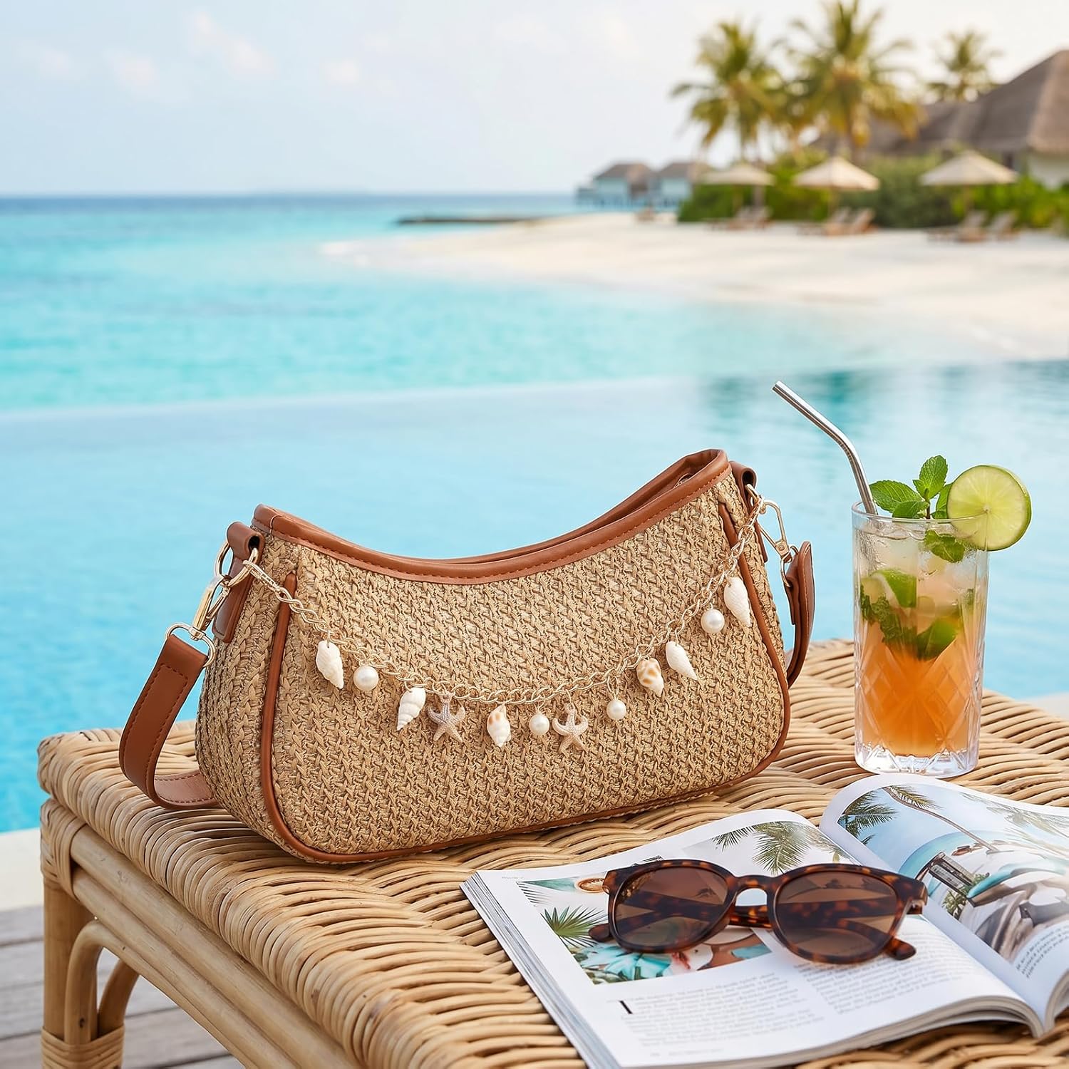 Straw Shoulder Bag For Women Raffia Summer Beach Bag Boho Woven Straw Shoulder Purse Crochet Vacation Purse Handbag