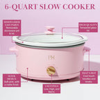 Paris Hilton 6-Quart Manual Slow Cooker, Features Three Settings (Low, High, Warm), Naturally Nonstick and Dishwasher Safe Stoneware Insert, Family Sized Capacity, Pink