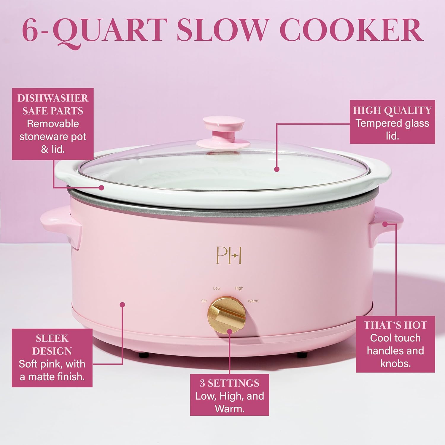 Paris Hilton 6-Quart Manual Slow Cooker, Features Three Settings (Low, High, Warm), Naturally Nonstick and Dishwasher Safe Stoneware Insert, Family Sized Capacity, Pink