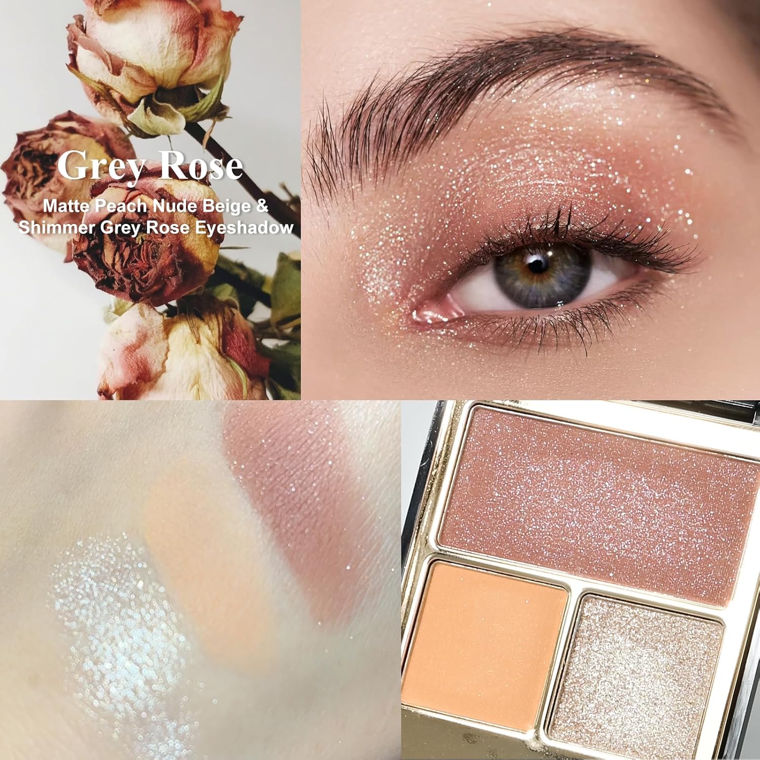 KYDA 3 Colors Eyeshadow Palette, Peach Nude Beige Matte Shimmer Grey Rose Eyeshadow, Pale Champagne Pearl Eyes Shadow, High Pigmented Lasting Ultra-fine Neutral Eye Shadow, Mini Eyes Glitter Makeup