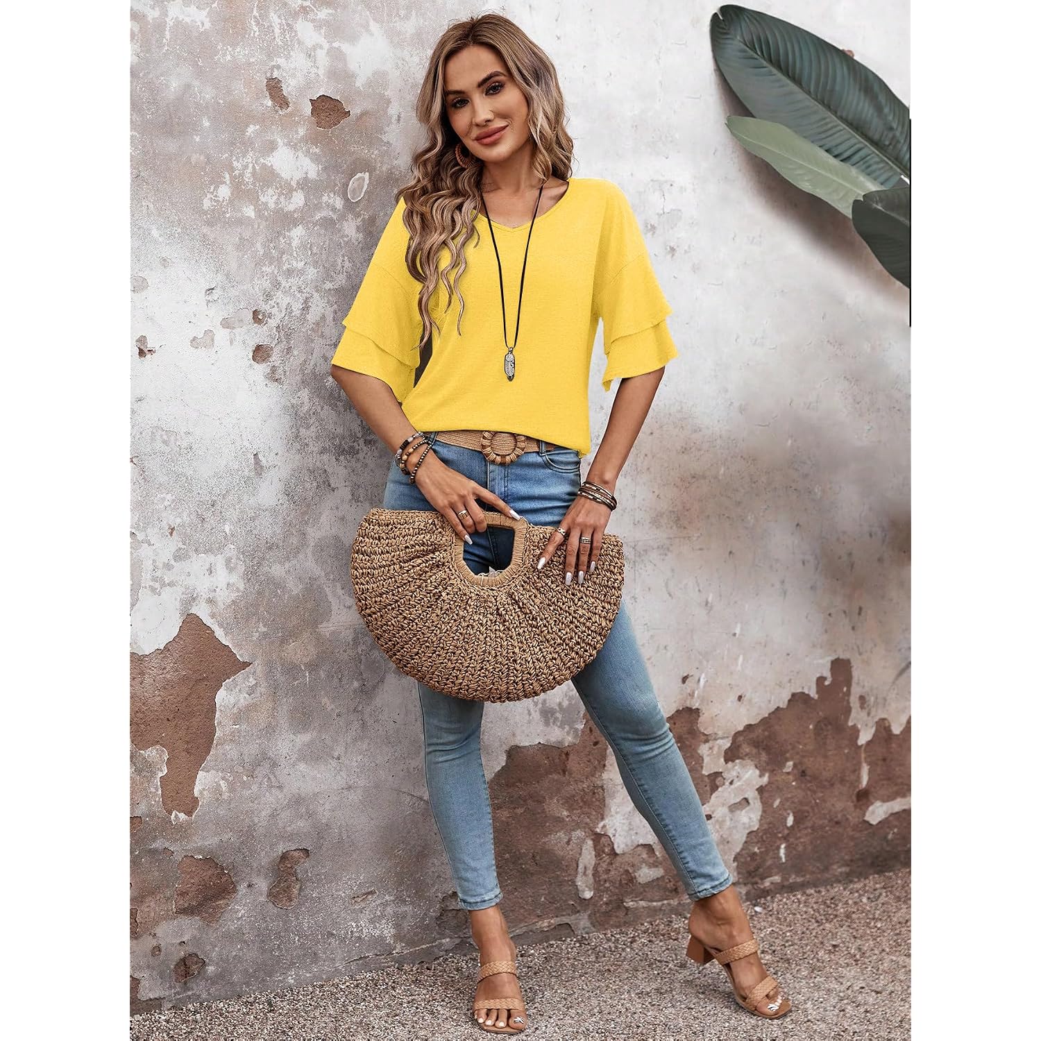 Sialois Womens Blouses 3/4 Length Sleeve Tops Ruffle V Neck Shirts Casual Tunic Spring Fall Summer Fashion Work Clothes