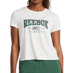 Reebok Women's Classic Athletic Graphic Crewneck Cropped T-Shirt Egret Heather/Pineneedle