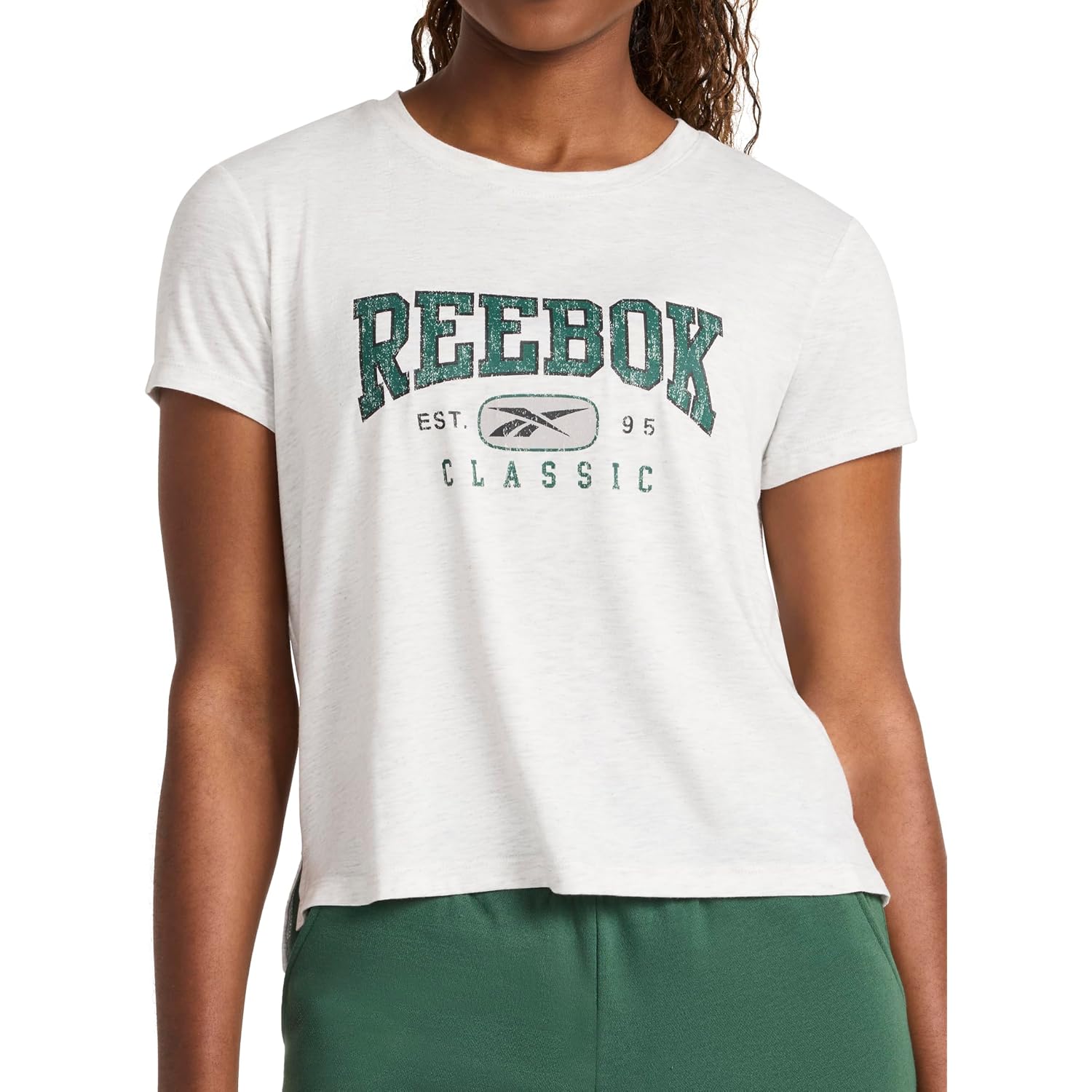 Reebok Women's Classic Athletic Graphic Crewneck Cropped T-Shirt Egret Heather/Pineneedle