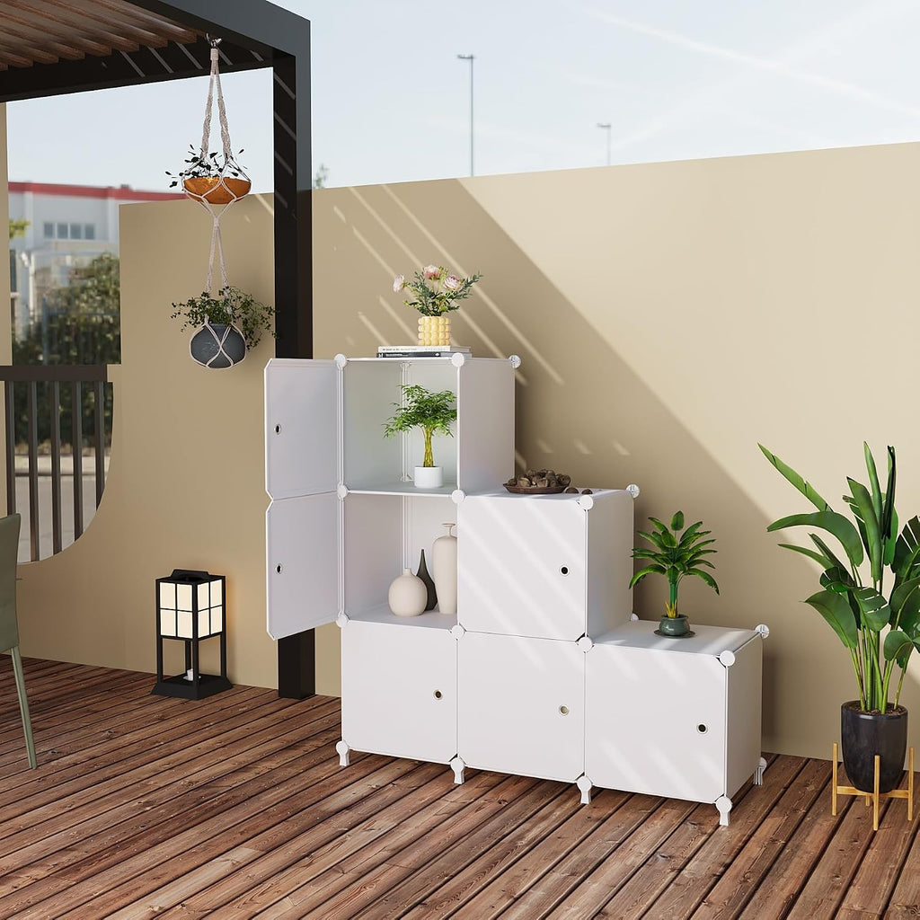 Cube Storage Organizer, 6-Cube Shelves Unit With Doors, Diy Stackable Plastic Clothes Organizer For Bedroom And Under Stairs Storage Unit, Each Compartment 30 X 30 X 30 Cm White