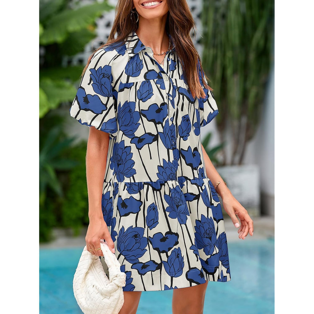 Wenrine Women'S Summer Button Down Shirt Dress Floral Puff Short Sleeve Casual Loose Fit Beach Mini Dresses