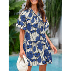 Wenrine Women'S Summer Button Down Shirt Dress Floral Puff Short Sleeve Casual Loose Fit Beach Mini Dresses
