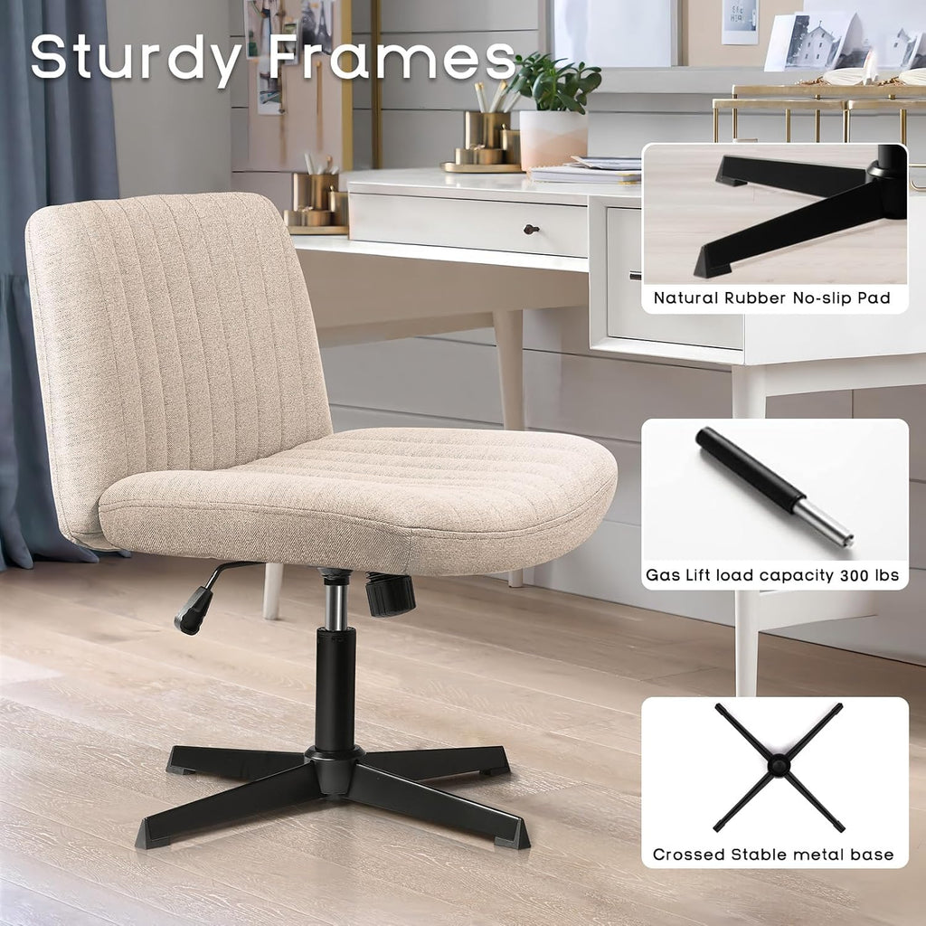 Criss Cross Chair,Comfy Cross Legged Office Desk Chair No Wheels,Modern Fabric Swivel Adjustable Height Mid Back Wide Seat For Home Office Computer (Beige)