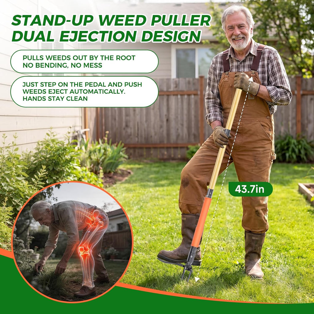 Stand Up Weed Puller Tool, 4-Claw Steel Head Deep Root Extractor With Dual-Eject Design, Real Bamboo Long Handle & Metal Anti-Slip Pedal, No Bending Dandelion Remover For Garden Lawn Yard