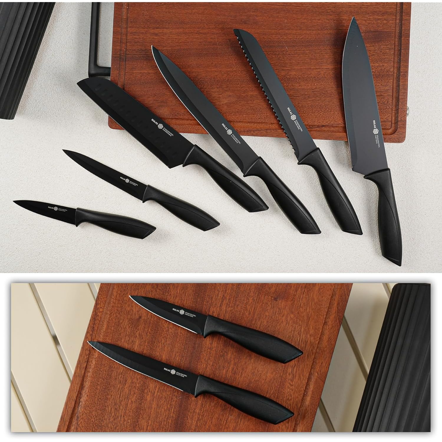 Knife Set, 8-Piece Kitchen Knife Set with Universal Block - Anti-Rust Chef Knives, Ergonomic Design, Dishwasher Safe (Black)