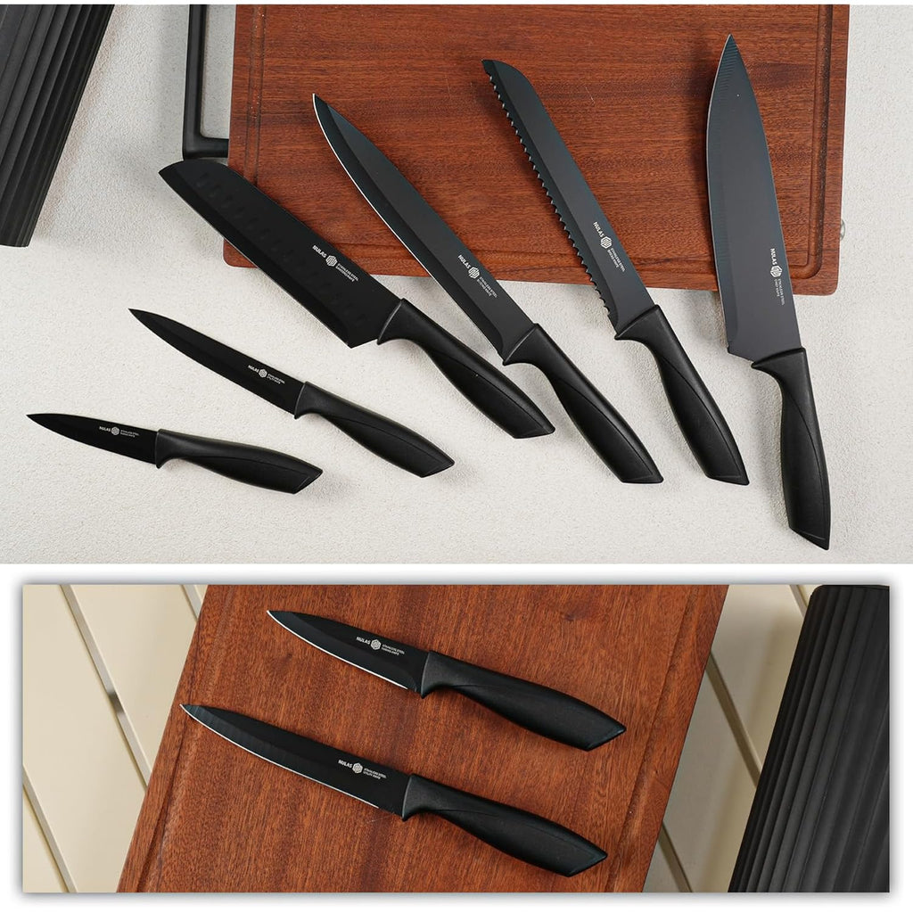 Knife Set, 8-Piece Kitchen Knife Set With Universal Block - Anti-Rust Chef Knives, Ergonomic Design, Dishwasher Safe (Black)