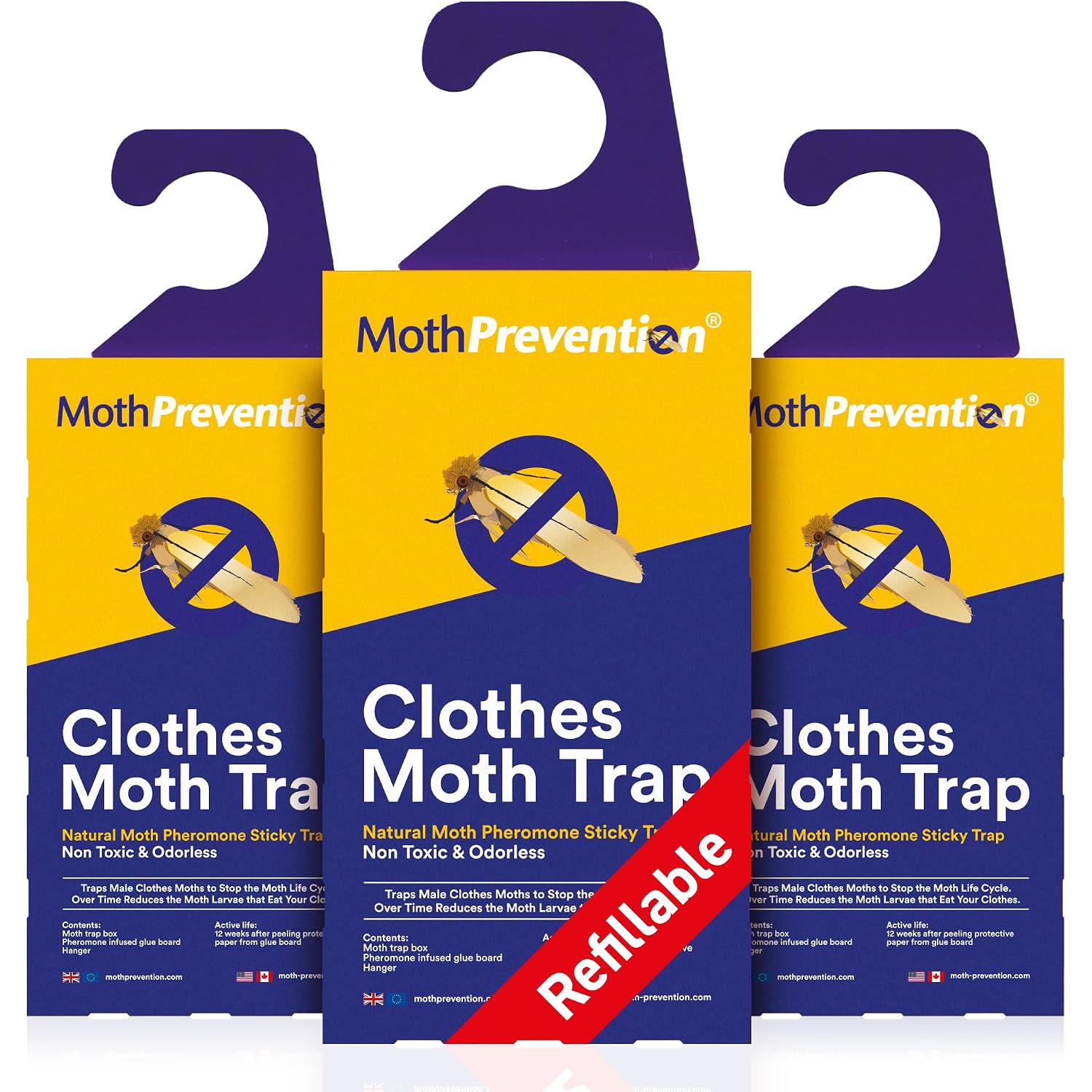 Powerful Moth Traps For Clothes & Closets | Refillable 3-Pack | Odor-Free & Natural | Moth Pheromone Traps For House & Clothing