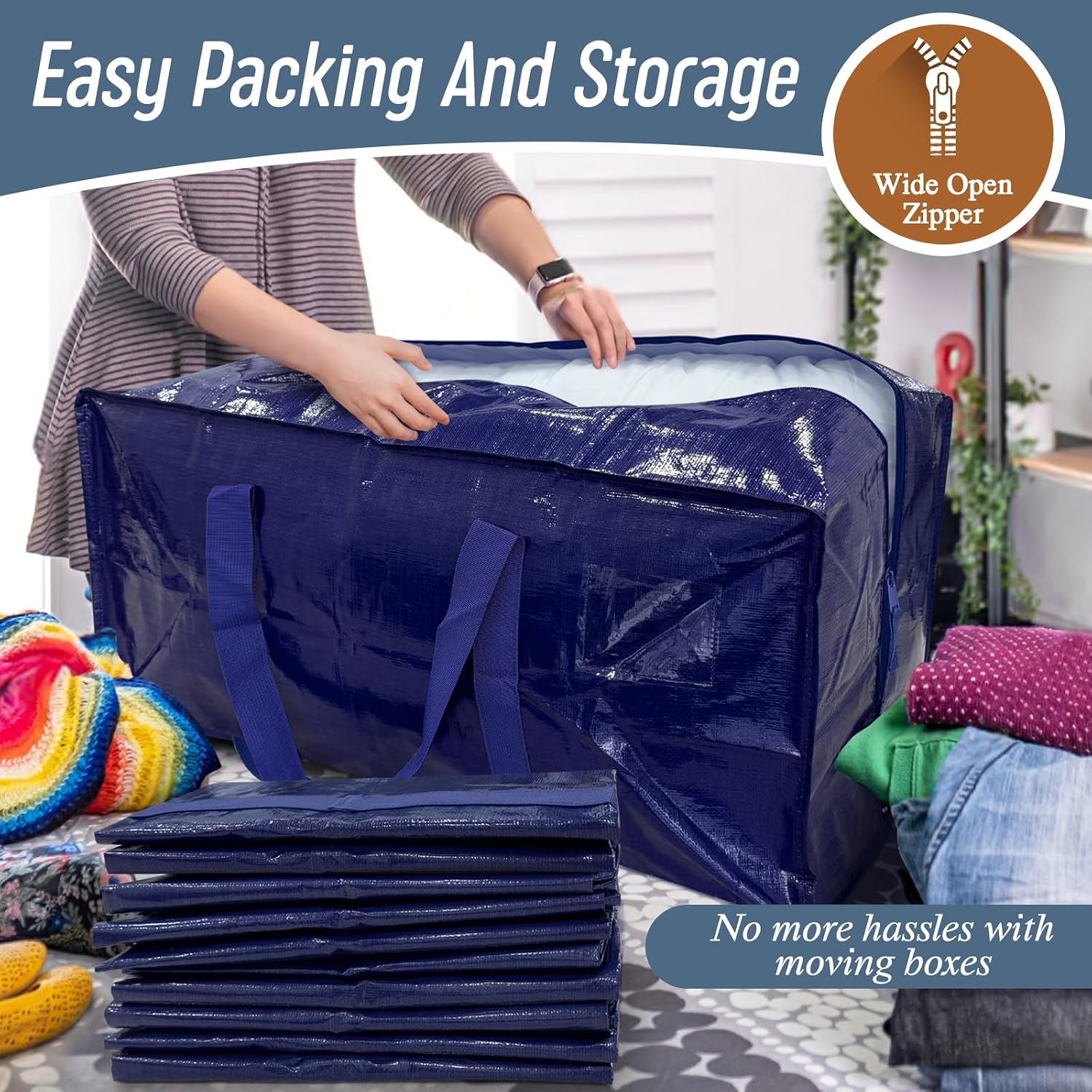 6 Pack Extra Heavy Duty Large Moving Bags With Strong Zipper & Comfortable Handles, Sturdy & Durable Clothes Storage Bags Totes Bins, Blue Packing Moving Boxes For College Supplies, Dark Blue