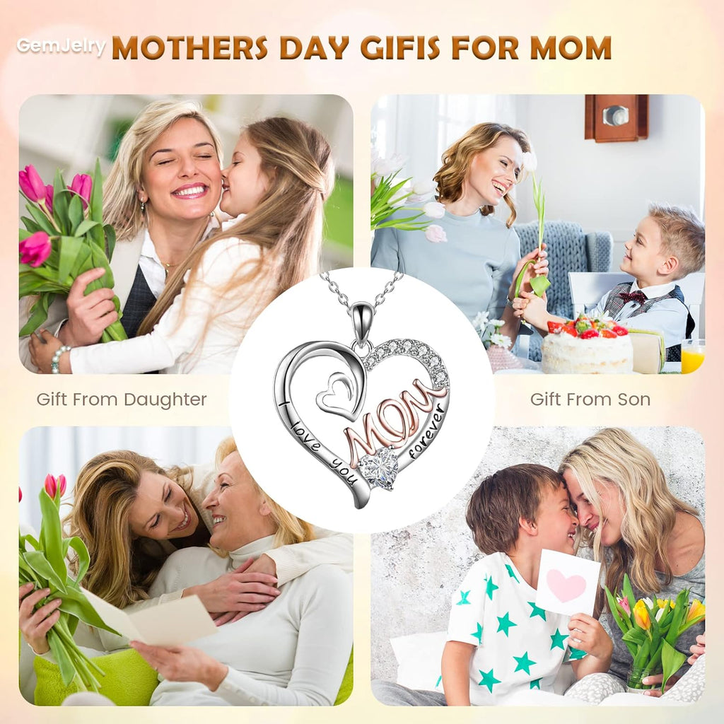 Mothers Necklace Gifts for Mom from Daughter Son, I Love You Mom Necklace Heart Pendant Rhinestone Jewelry with Box Birthday Mothers Day Gifts for Women