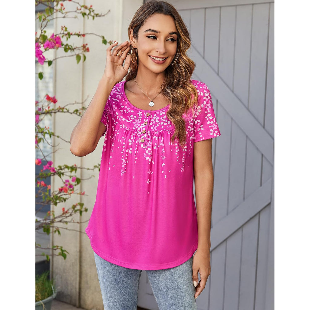 Zeagoo Women Tunic Tops Dressy Casual Summer Short Sleeve Shirts Floral Loose Fit Pleated Boho Top S-XXL