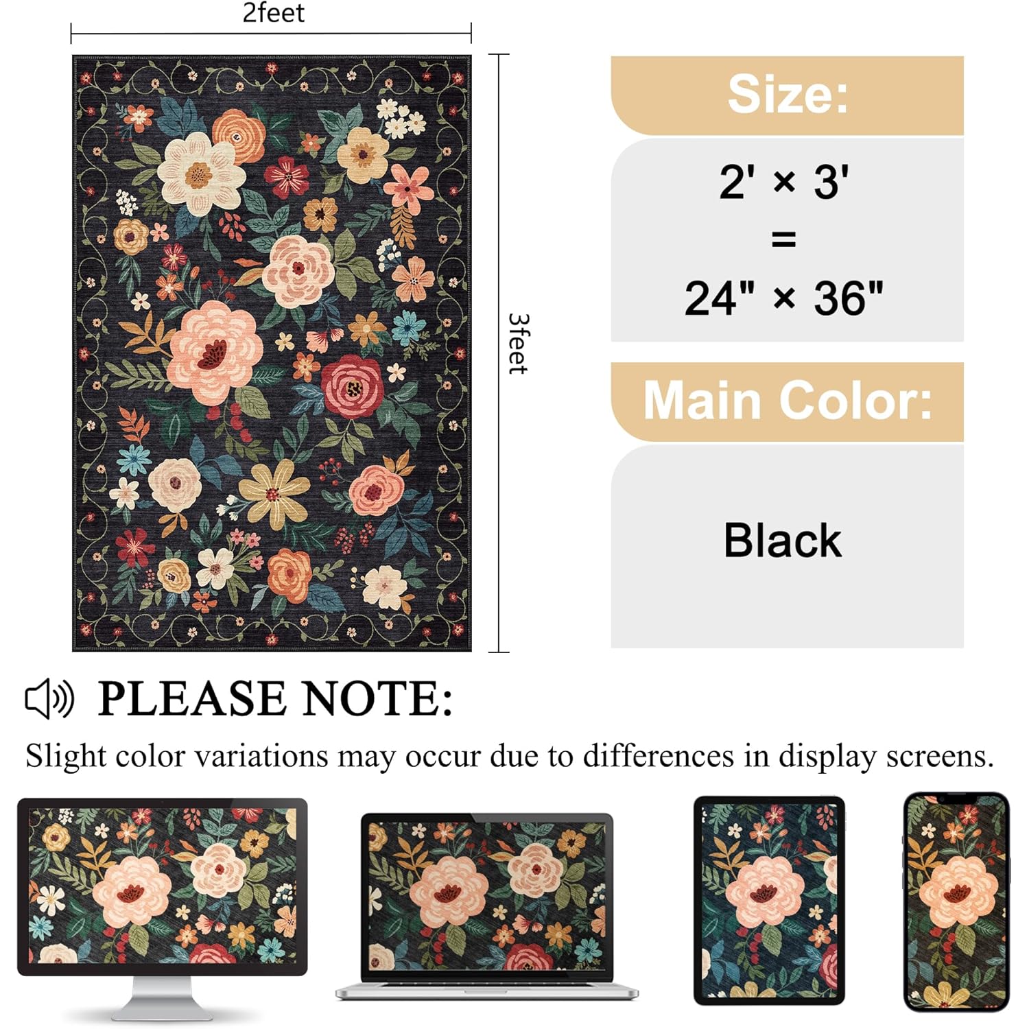 DUKINO 2x3 Rugs for Entryway, Floral Indoor Washable Door Mat, Non Slip Boho Small Rug for Kitchen, Soft Low Pile, Front Door Throw Rug for Entrance, Bedroom, Kitchen, Laundry, Bathroom, Black